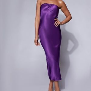 Purple Strapless Satin MIDI Dress by Meshki